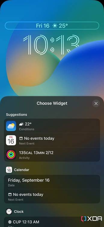 iPhone Lock Screen showing available widgets to choose from for the top section