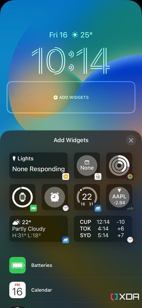 widget picker for the bottom section of the Lock Screen
