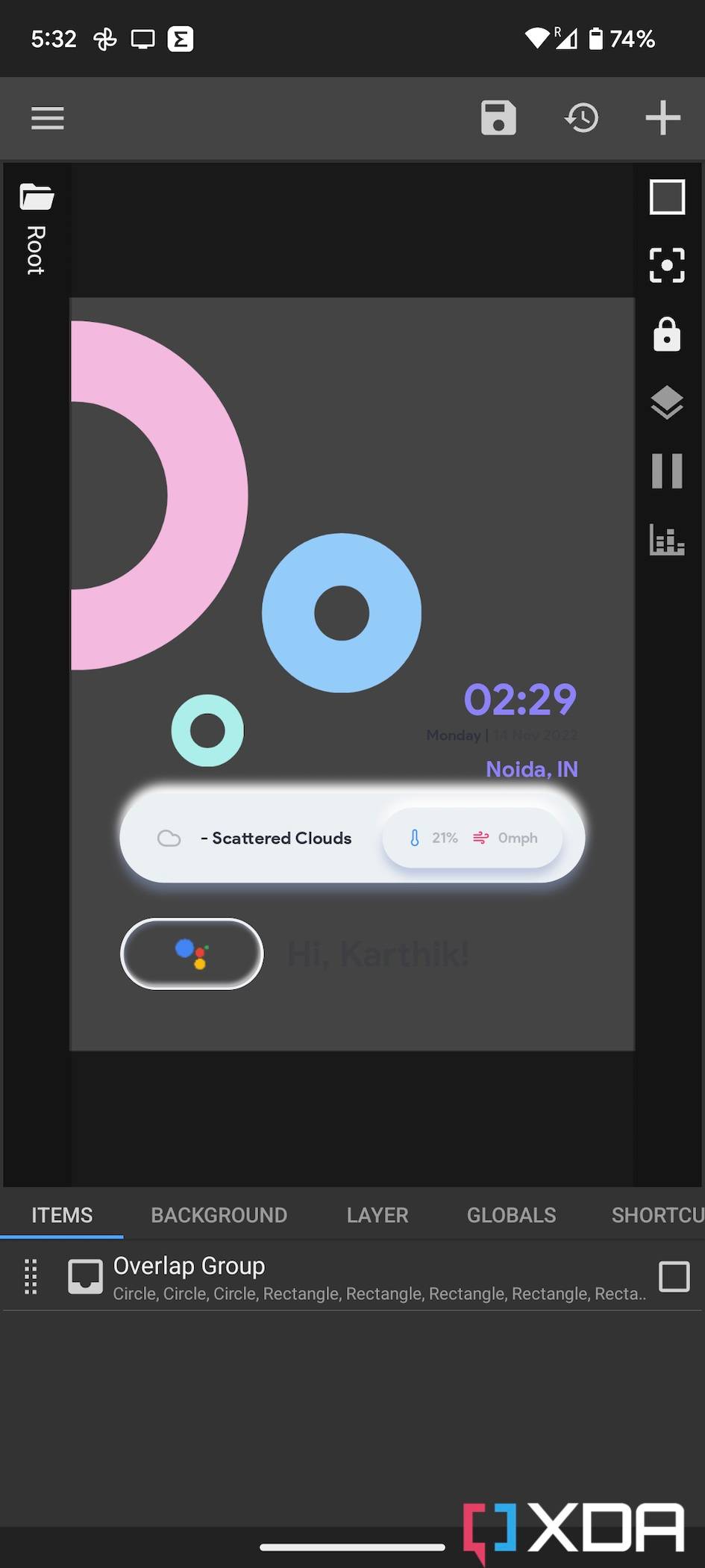 A screenshot on a smartphone showing the KWGT widget customization screen.