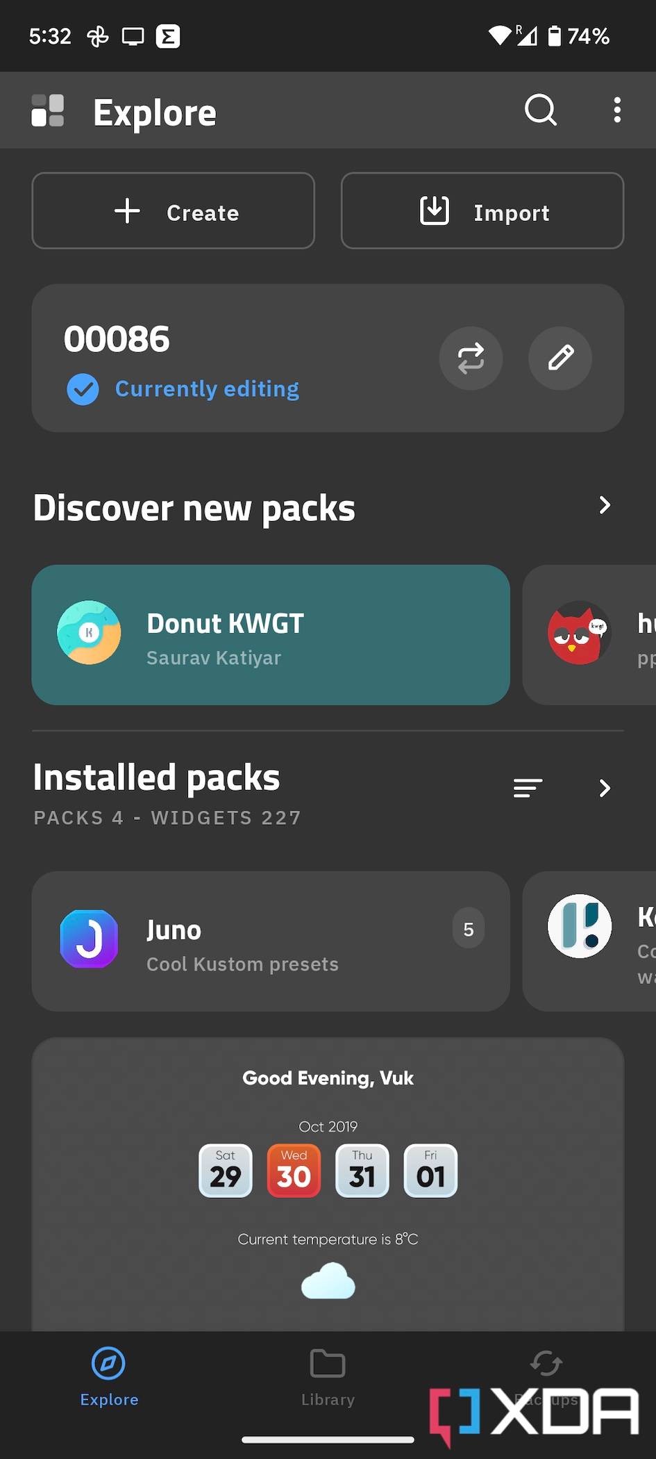 A screenshot captured on a phone showing KWGT's widget picker screen.