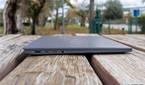 Right side view of the LG gram 17 with the lid closed, showing two Thunderbolt 4 ports, an HDMI port, and a 3.5mm headphone jack