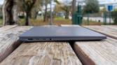 Right side view of the LG gram 17 with the lid closed, showing two Thunderbolt 4 ports, an HDMI port, and a 3.5mm headphone jack