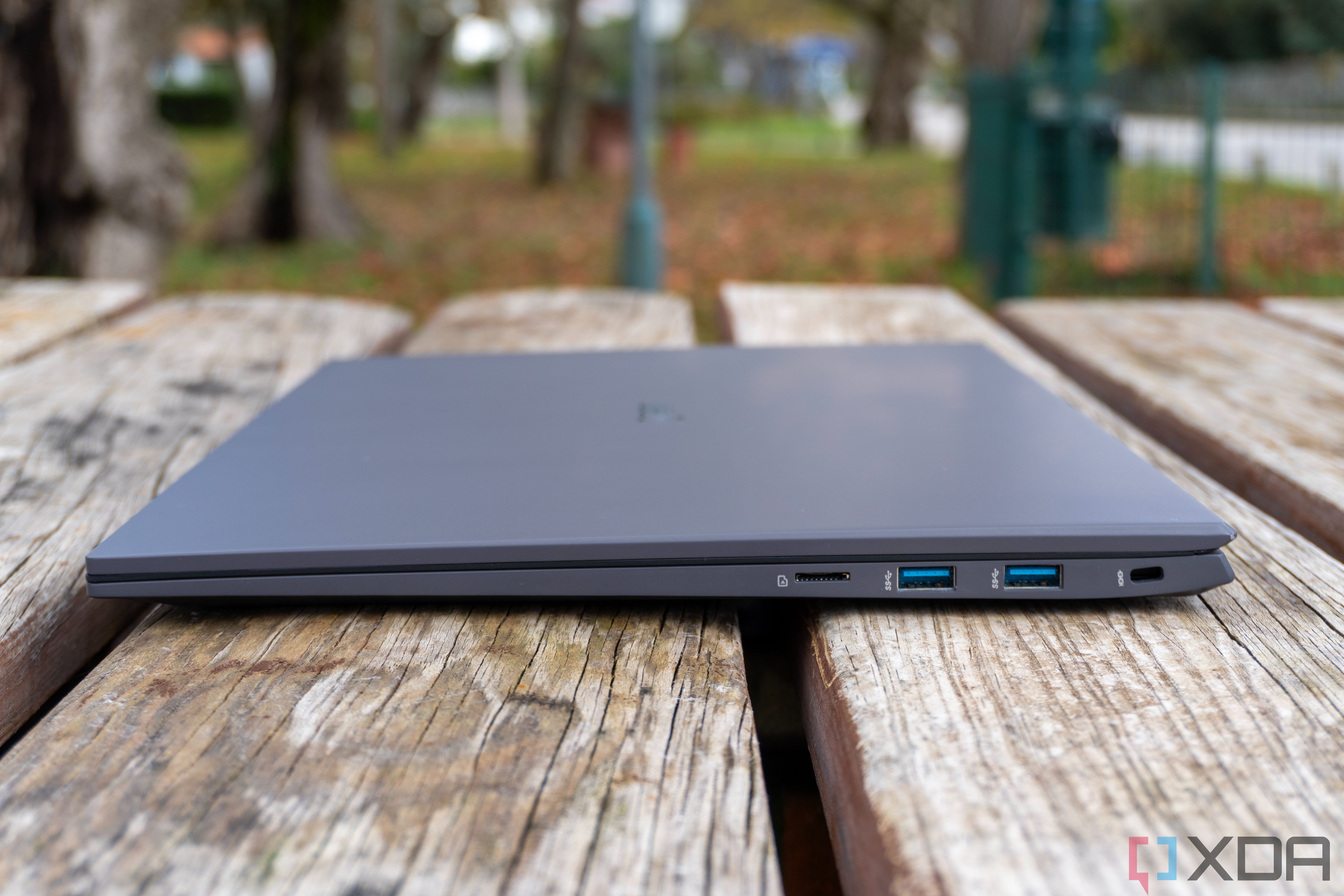 Left side view of the LG gram 17 showing two USB Type-A ports and a microSD card reader