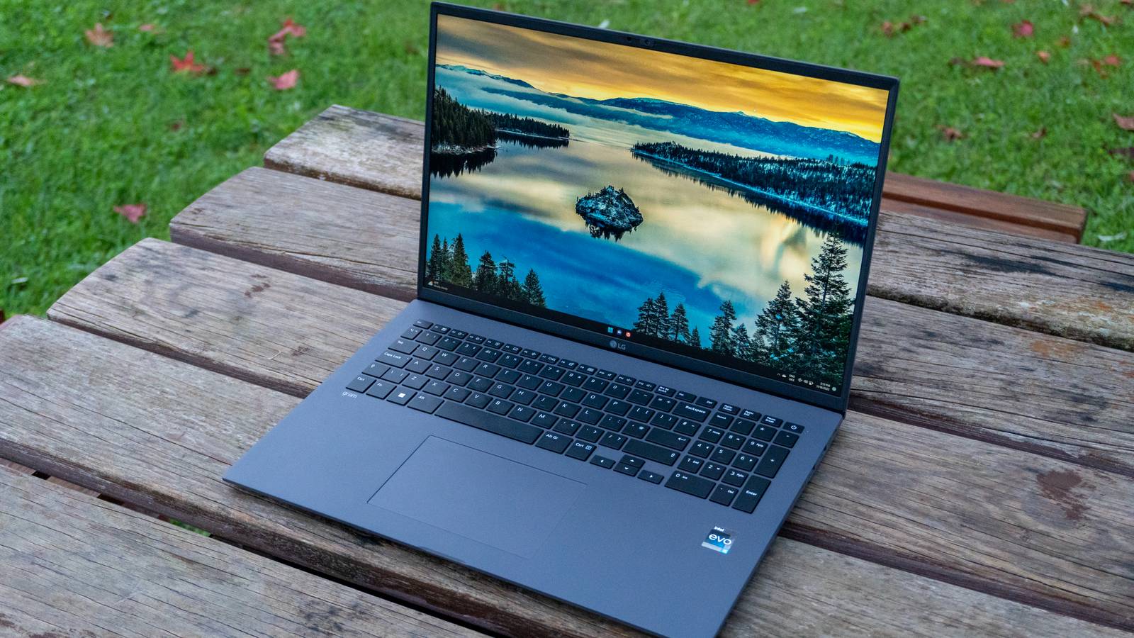 Right-side angled view of the LG gram 17 displaying a colorful desktop background