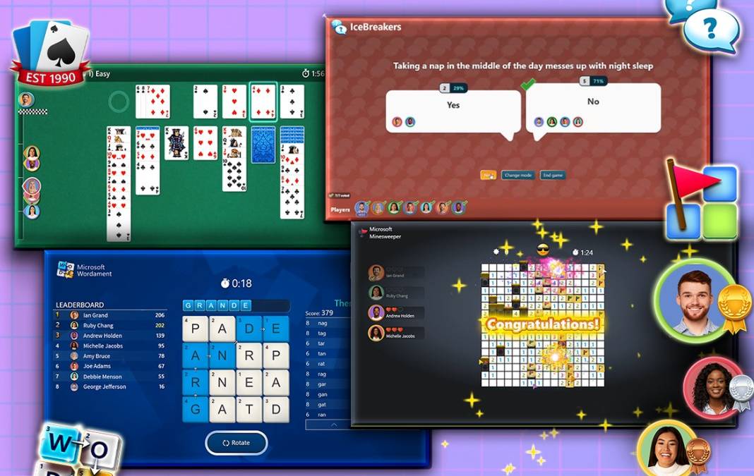 Screenshots of various Microsoft games including Solitaire, Wordament, Minesweeper, and IceBreakers.