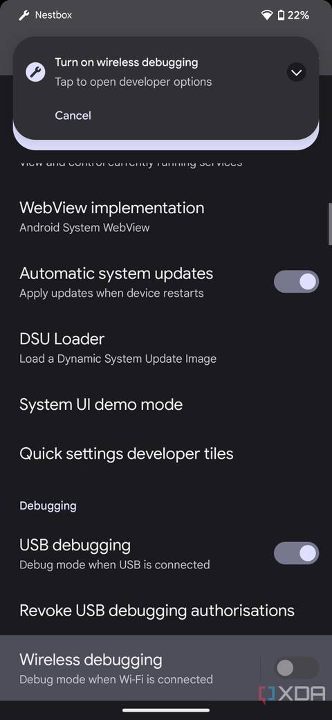 Enabling wireless debugging on the Google Pixel 7 for Nestbox