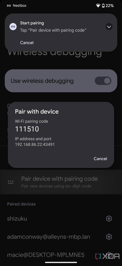 Pairing wireless debugging with a Google Pixel 7