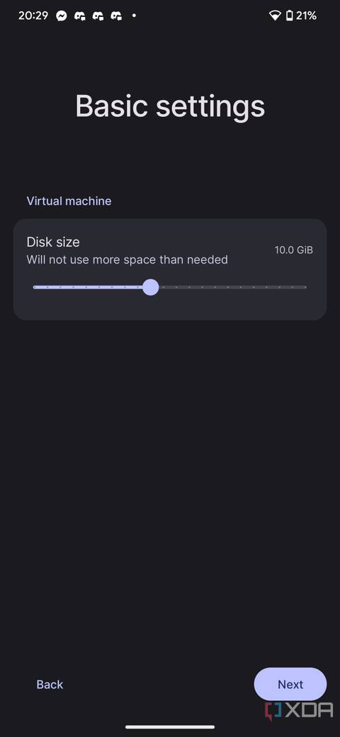 Setting basic settings like Disk Size in Nestbox on the Google Pixel 7