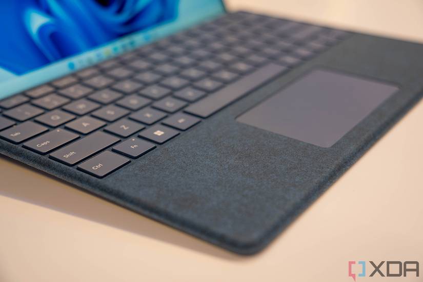 Angled view of blue tablet keyboard