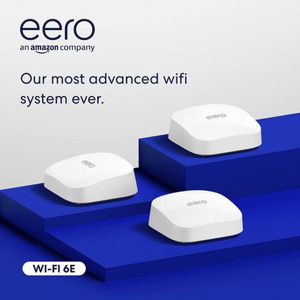 Amazon eero Pro 6E mesh Wi-Fi System organized on a blue shelving system