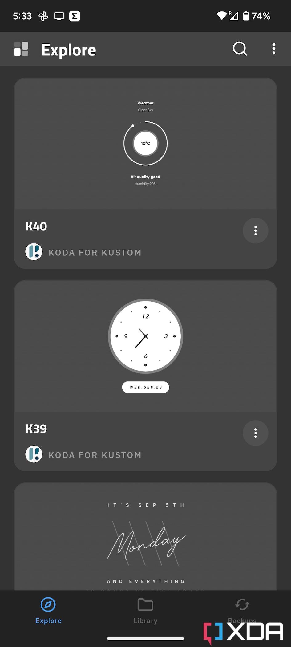 A screenshot on a smartphone showing the widget picker inside the KWGT app.