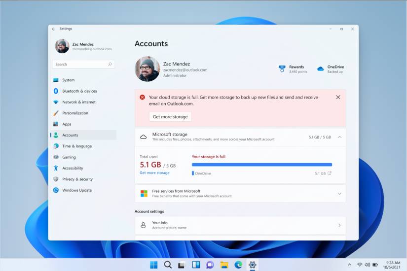 Screenshot of Windows 11 account settings showing a cloud storage limit warning and storage usage across the user's Microsoft account