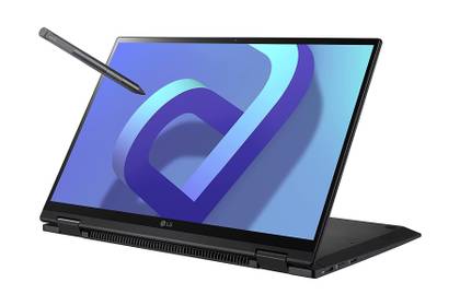 The LG gram 14 2-in-1 laptop in stand mode with a stylus touching the display