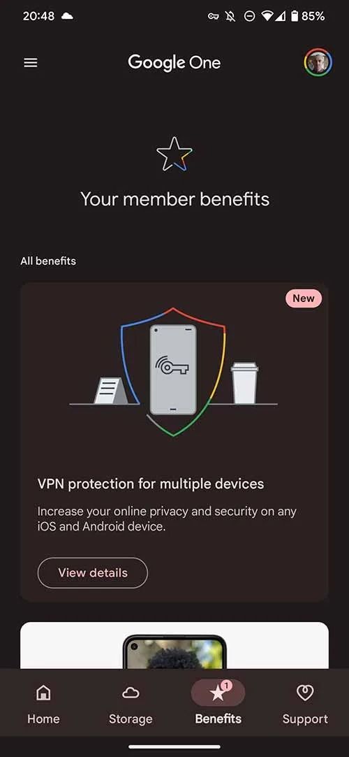 Screenshot of Google One app showing the new VPN benefit card.