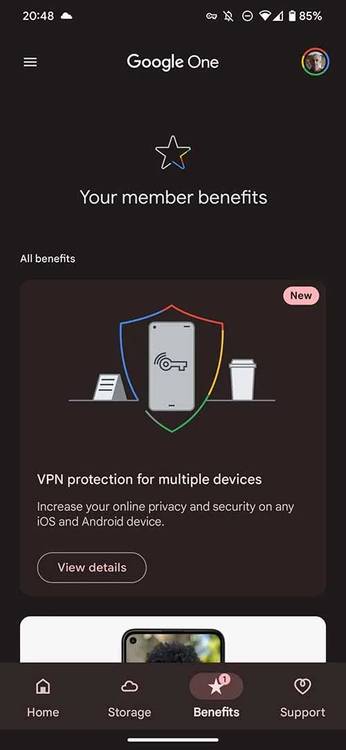 Screenshot of Google One app showing the new VPN benefit card.