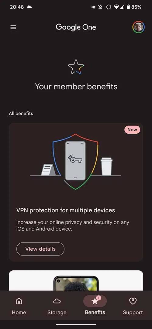 Screenshot of Google One app showing the new VPN benefit card.