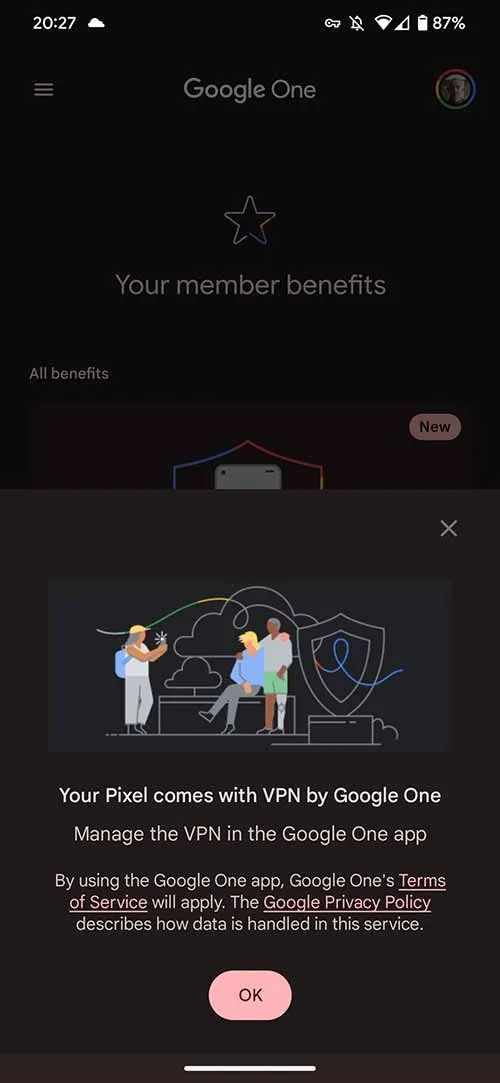 Screenshot of the Google One app showing the VPN splash screen.