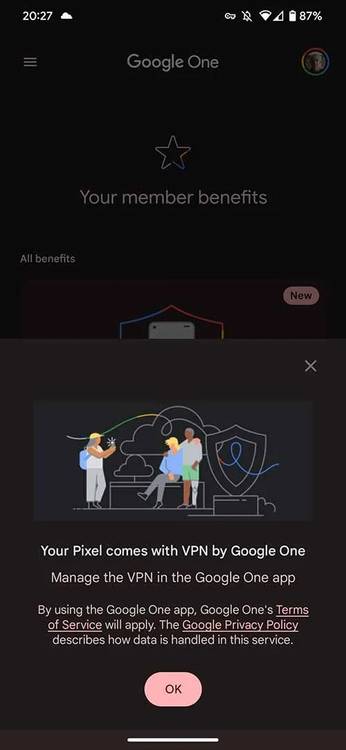 Screenshot of the Google One app showing the VPN splash screen.