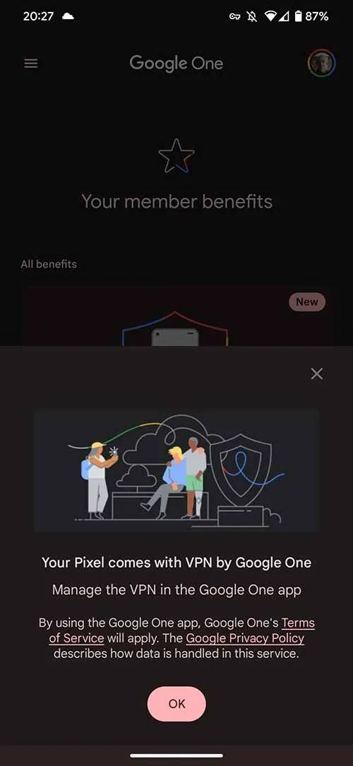 Screenshot of the Google One app showing the VPN splash screen.