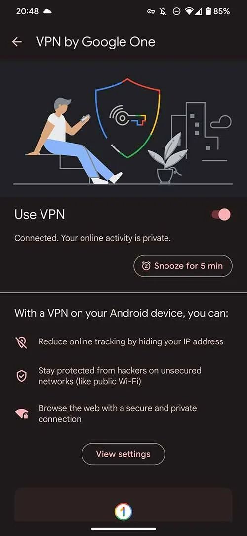 Screenshot of VPN by Google One settings in the Google One app.