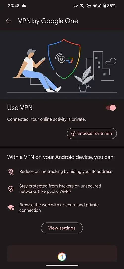 Screenshot of VPN by Google One settings in the Google One app.