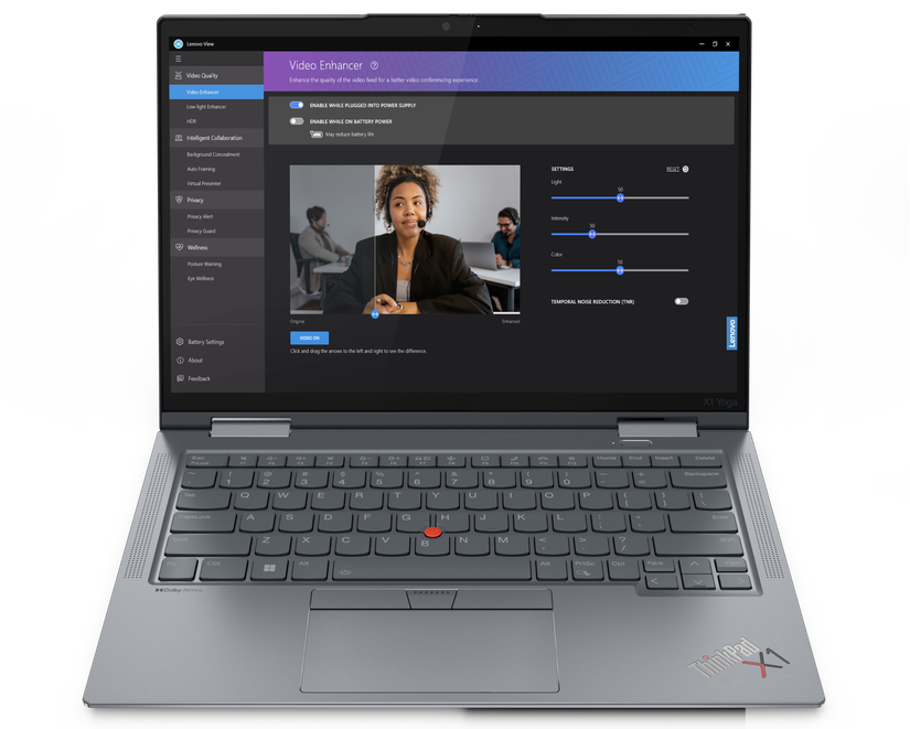 Front view of the Lenovo ThinkPad X1 Yoga Gen 8 running the Lenovo View app to make enhancements to the webcam quality