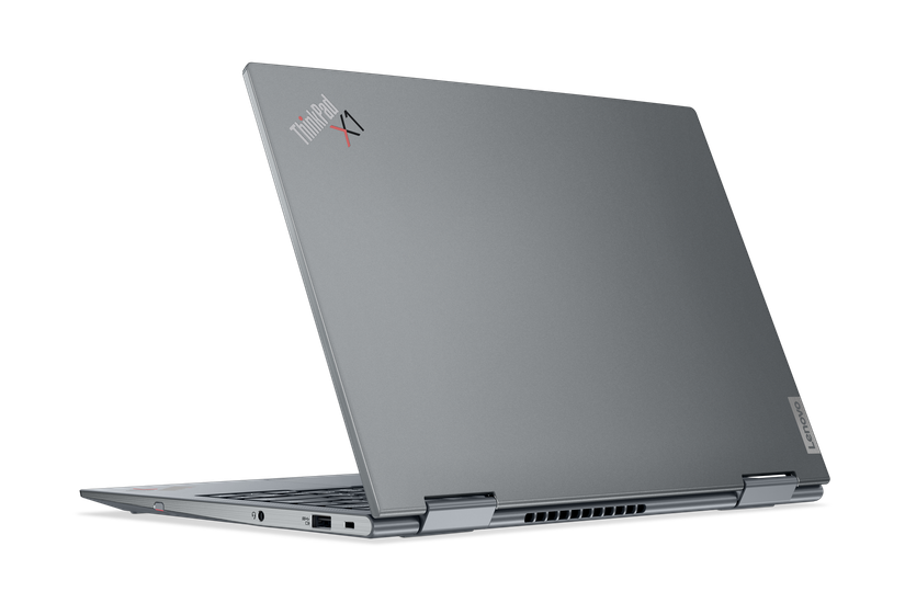 Anled rear view of the Lenovo ThinkPad X1 Yoga Gen 8, showing the grey lid with the ThinkPad X1 logo in the top left.