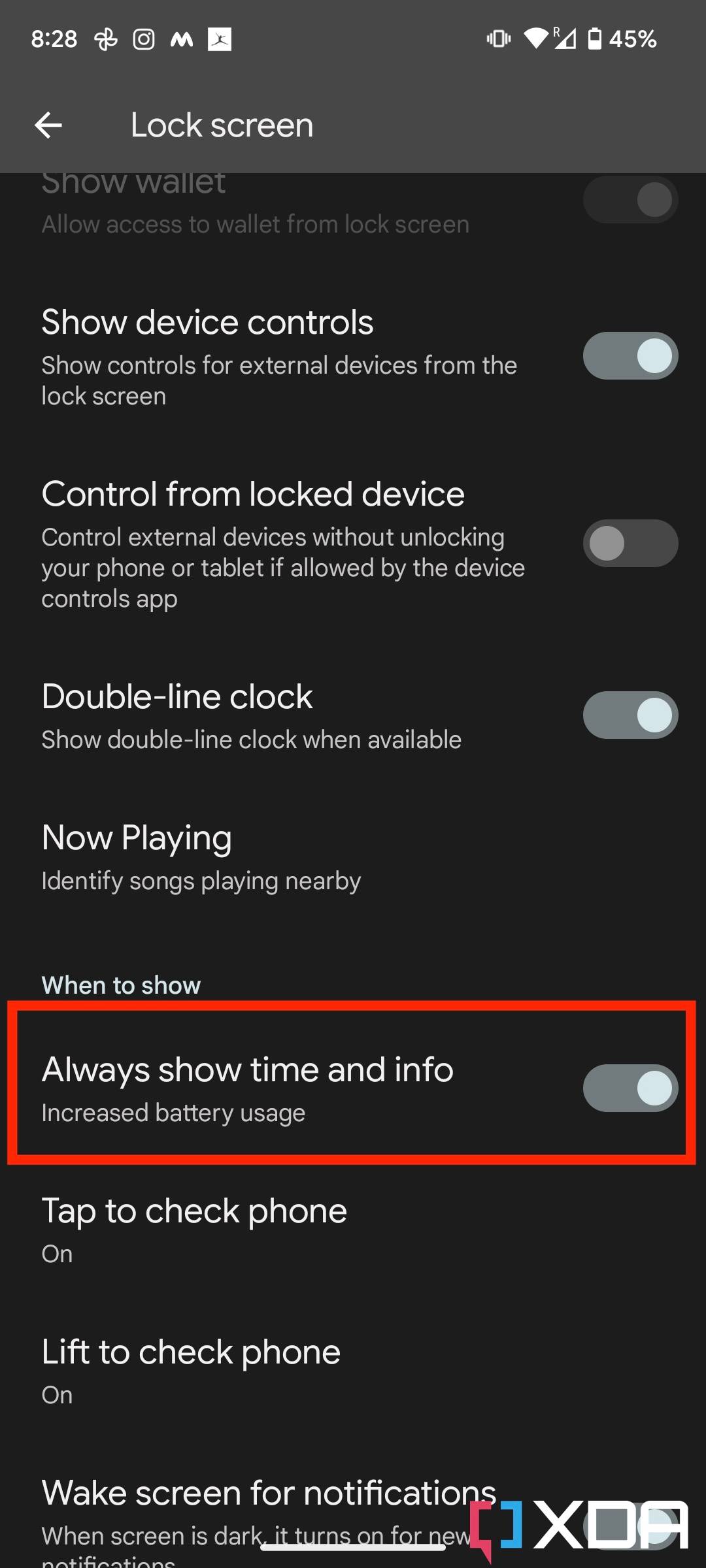 Always on display settings on Android 13