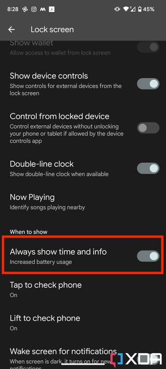 Always on display settings on Android 13