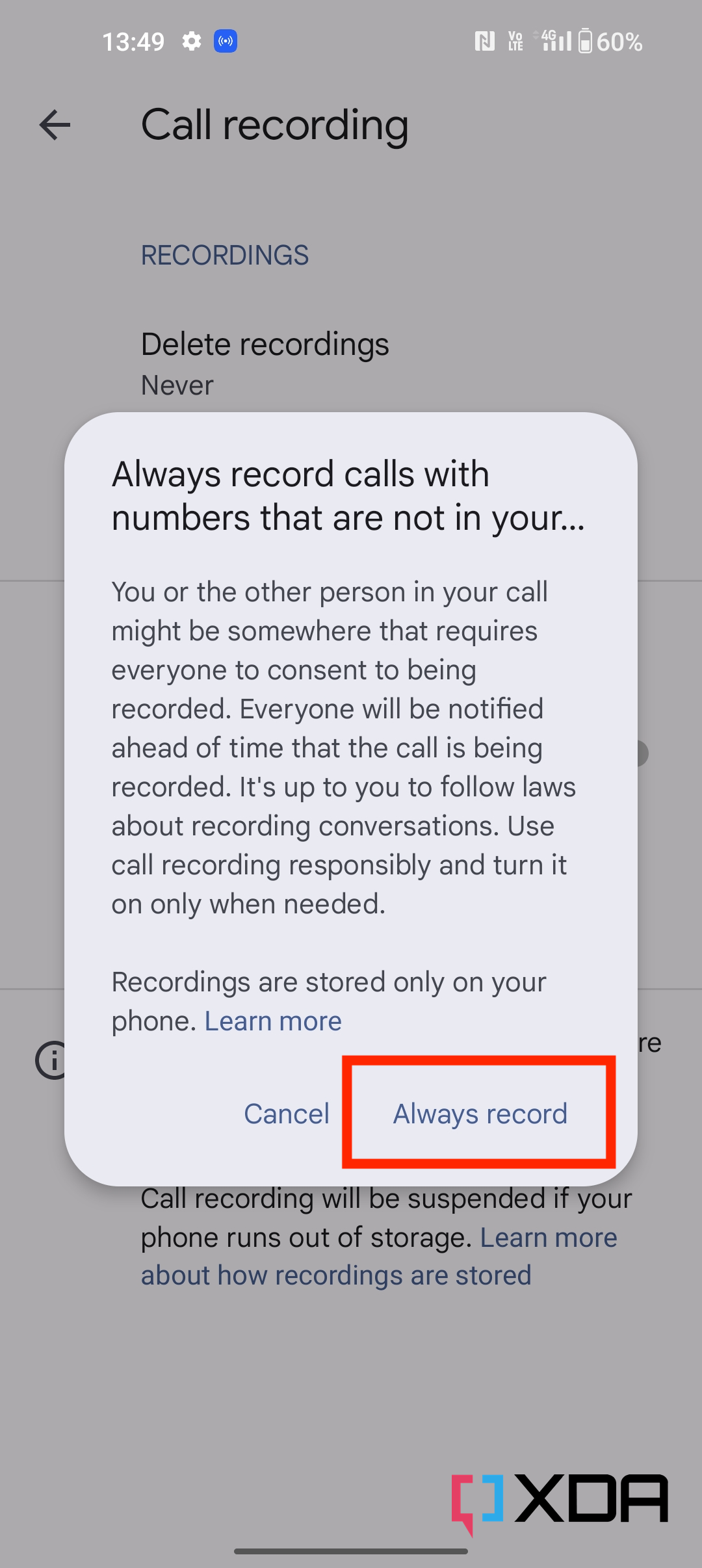 Always record consent to phone by google app