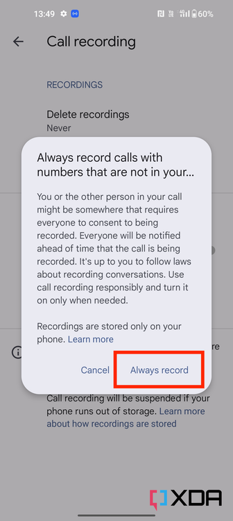 Always record consent to phone by google app
