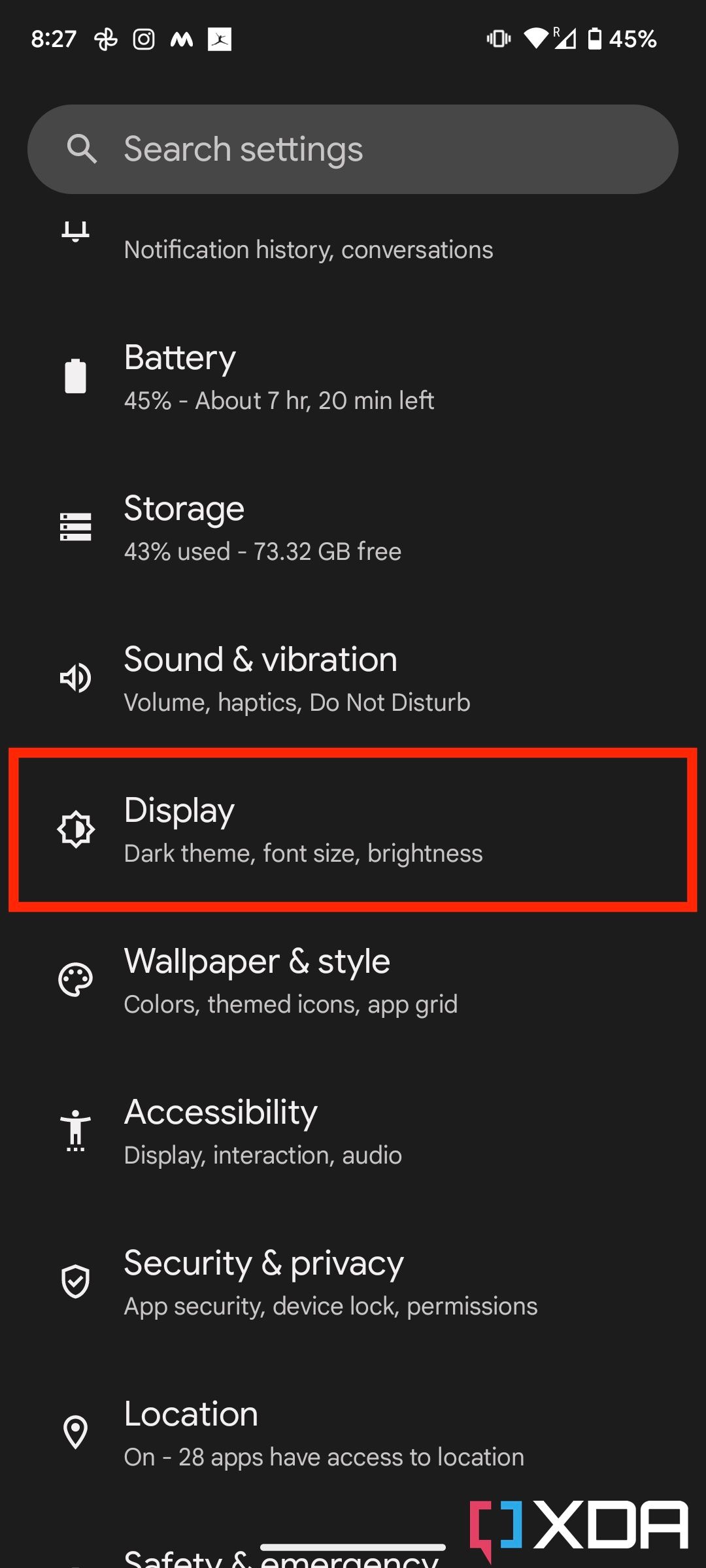 Android 13 settings page shown on Pixel 7
