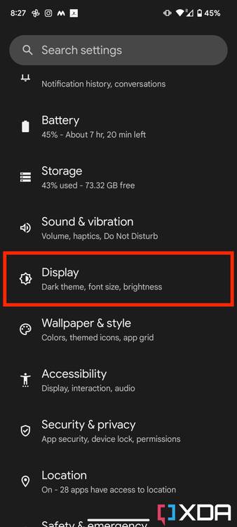 Android 13 settings page shown on Pixel 7