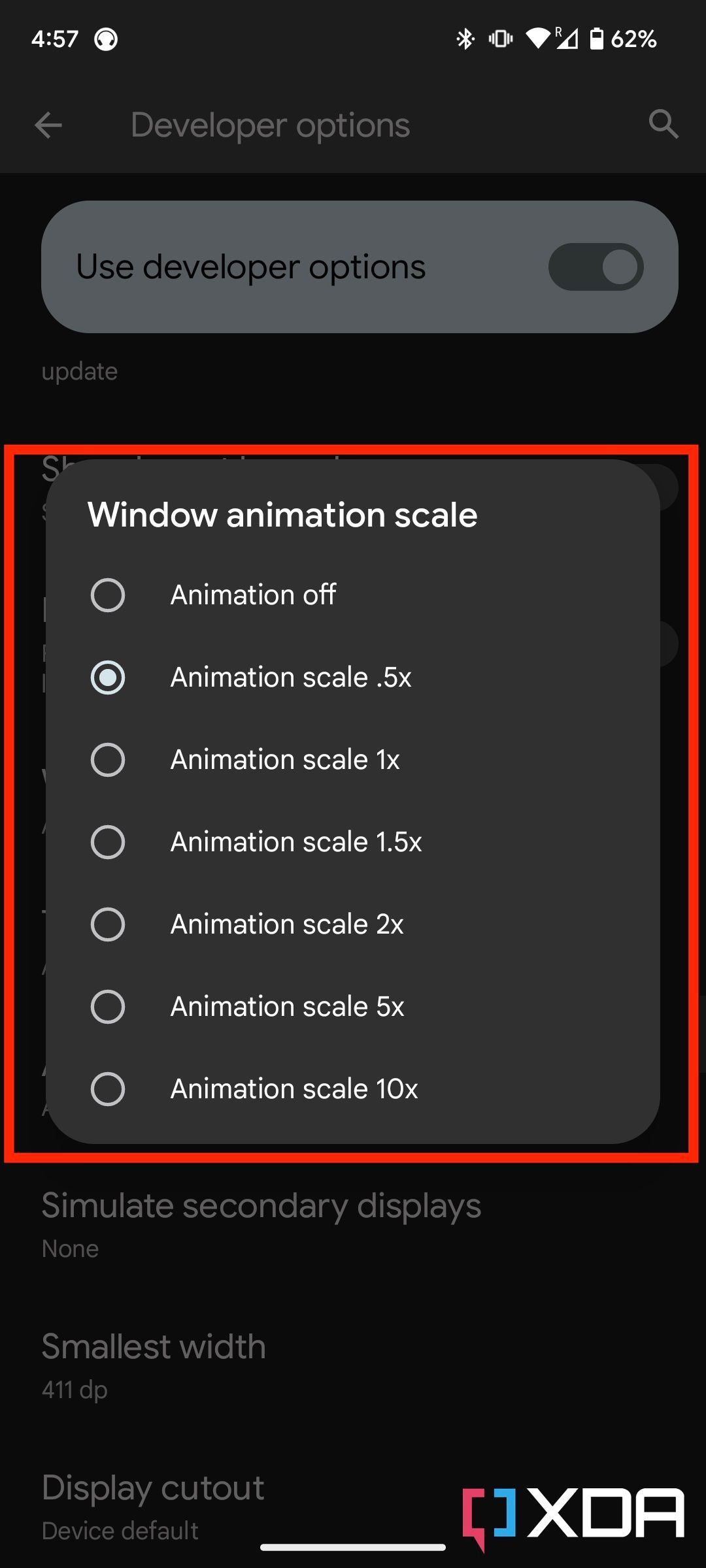 Animation scaling options in developer options in Android 13