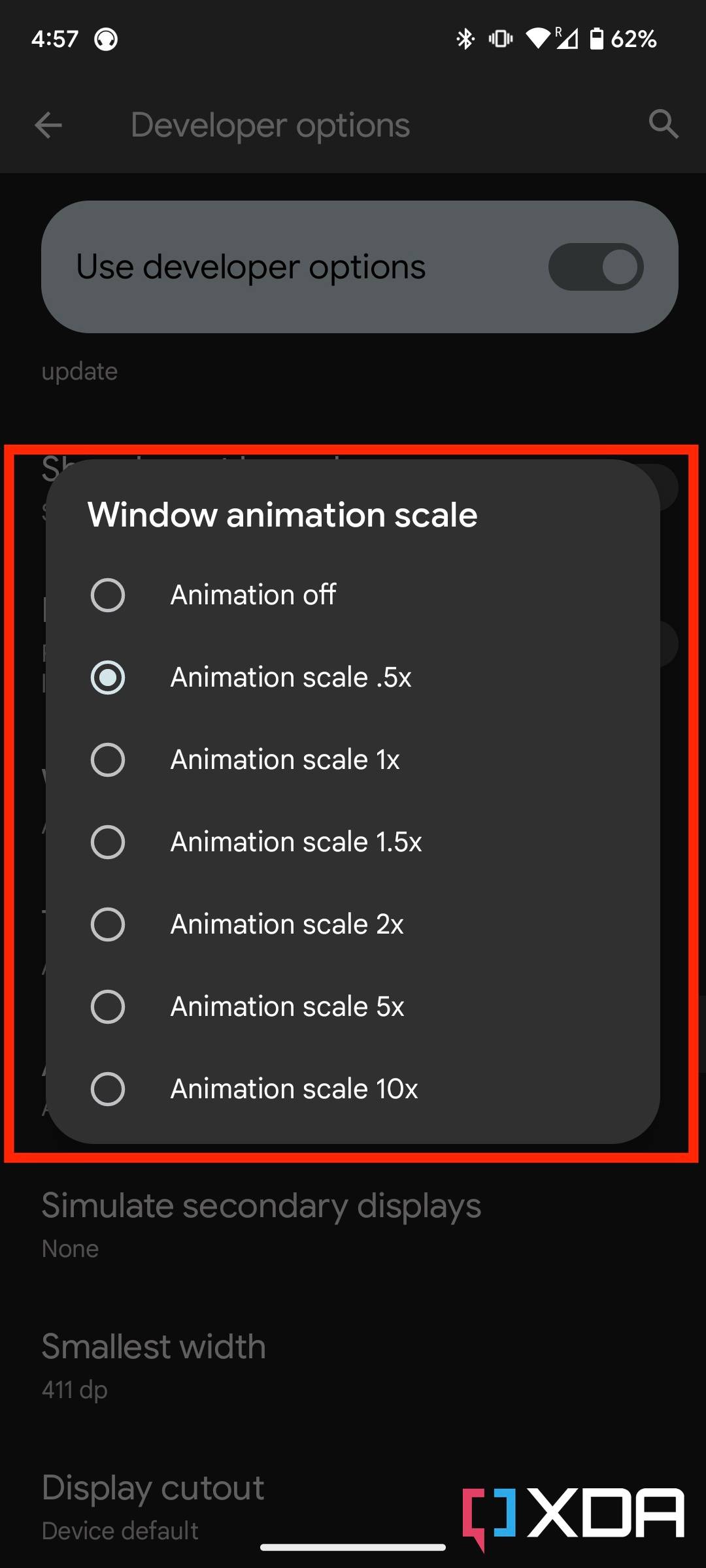 Animation scaling options in developer options in Android 13