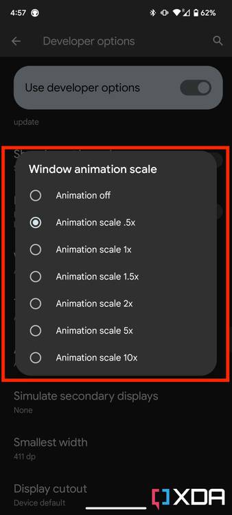 Animation scaling options in developer options in Android 13