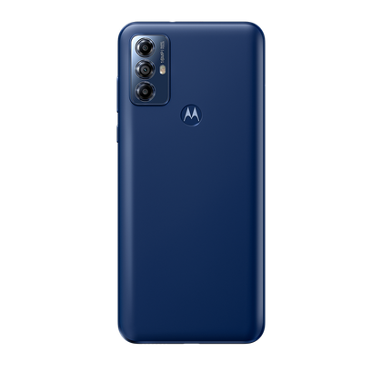 Back view of a blue Moto G Play 2023.