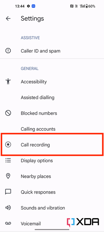 call recording setting inside the Phone by Google ap