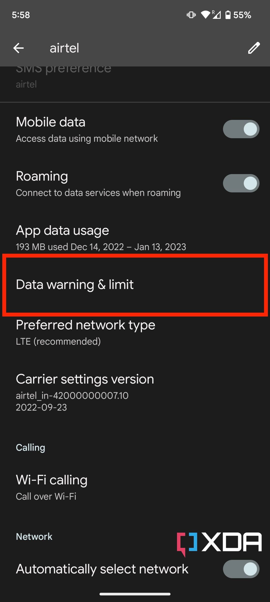 Data warning in Android 13