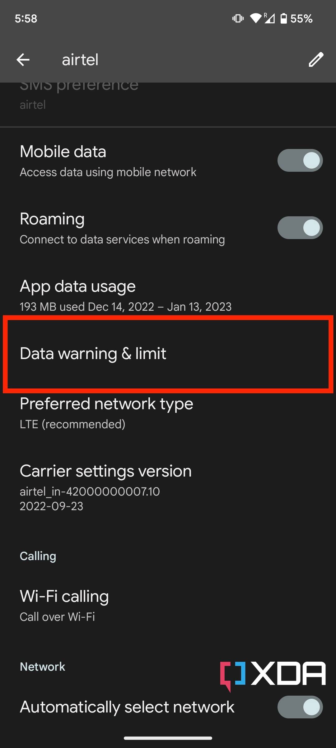 Data warning in Android 13