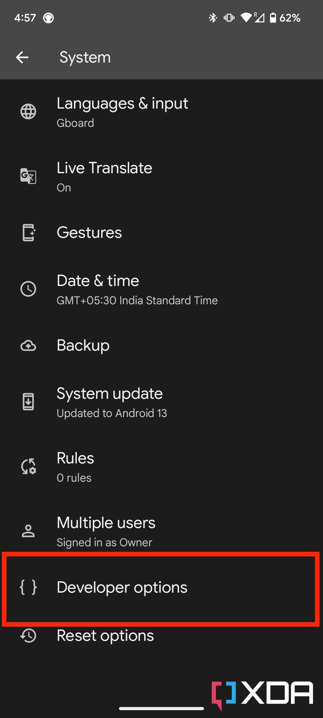 Developer options within settings page