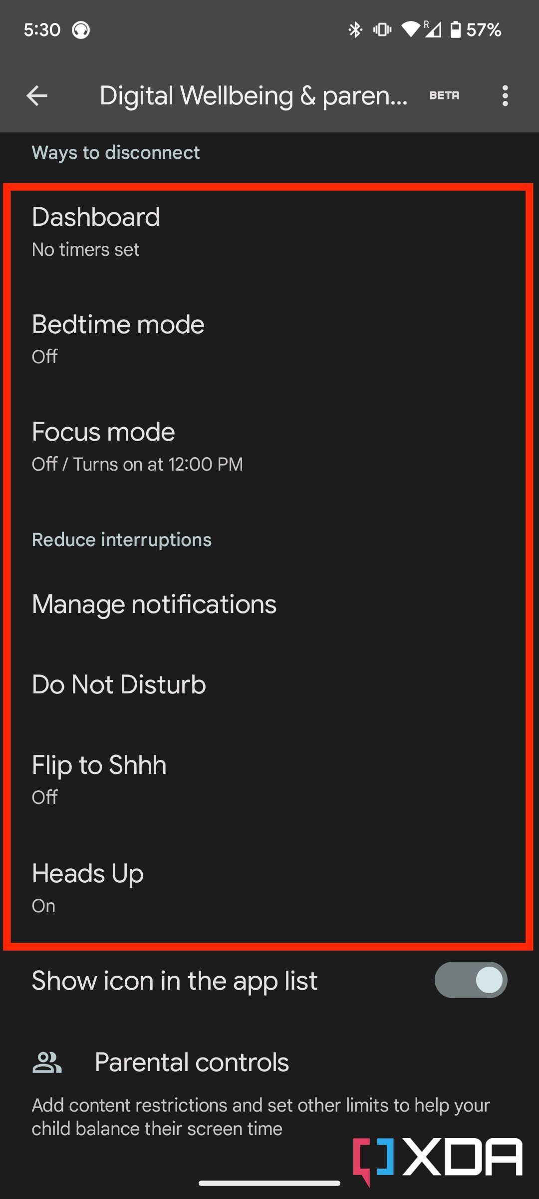 Digital Wellbeing options in android 13