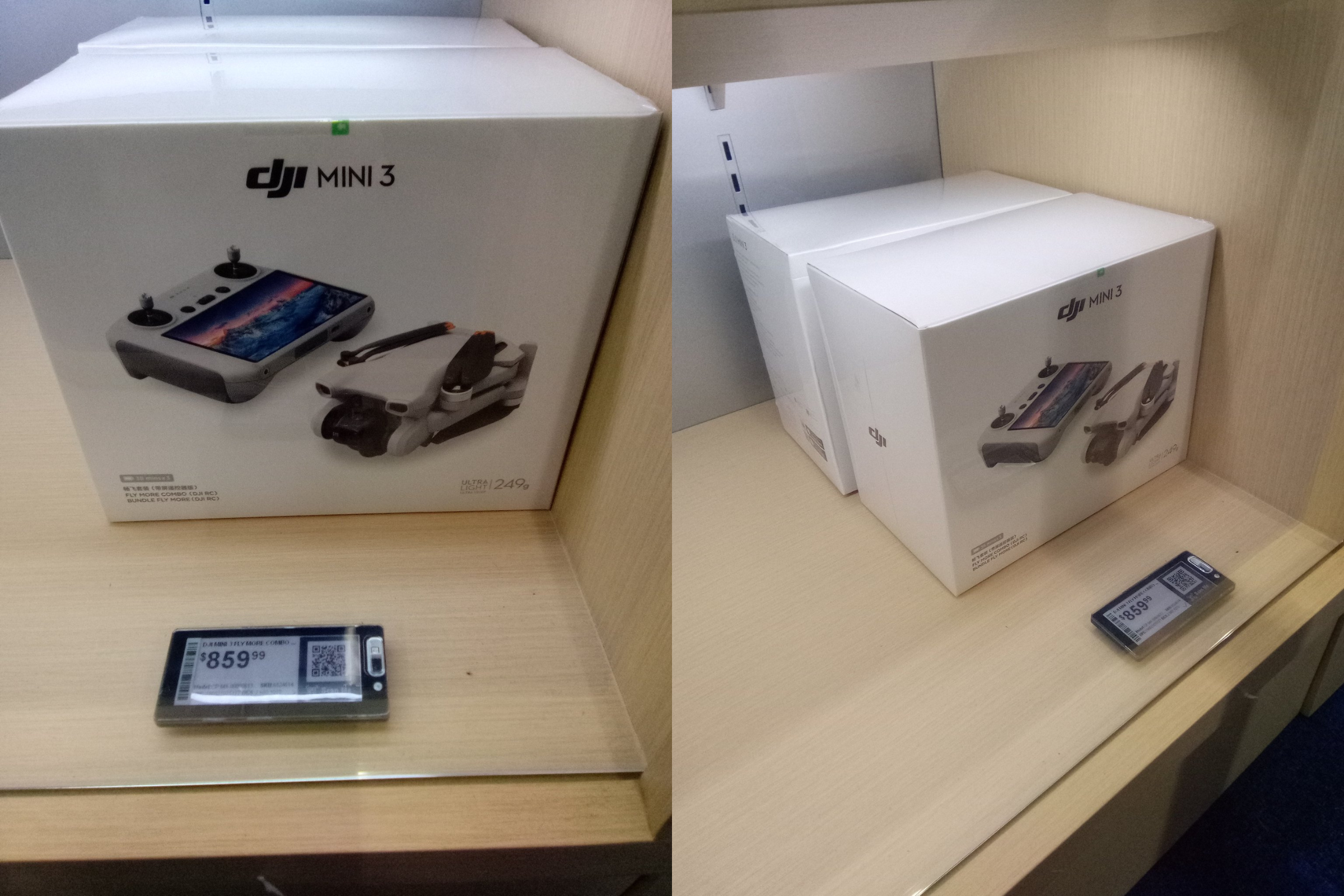 DJIMini3 on a retail shelf with pricing of $859.99