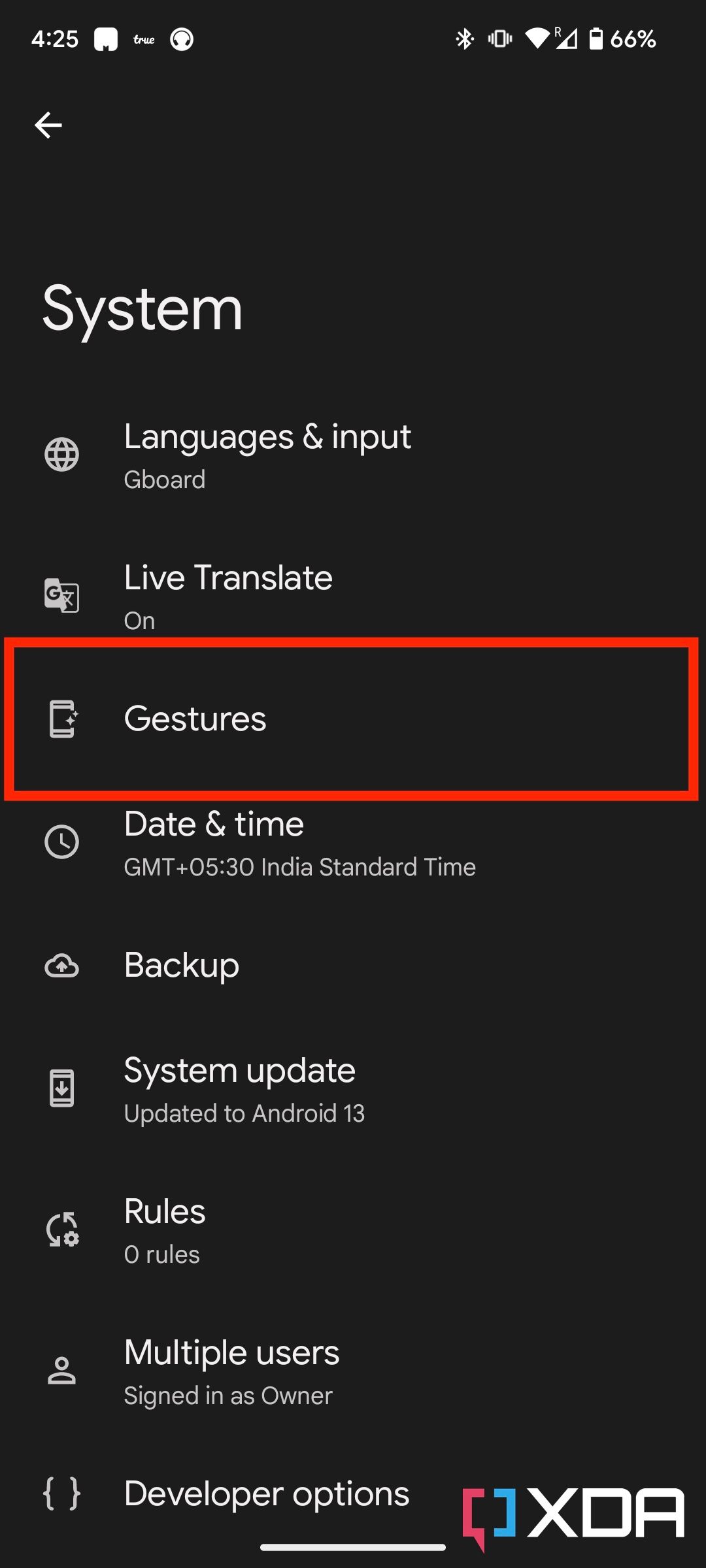 Gestures in System settings in Android 13