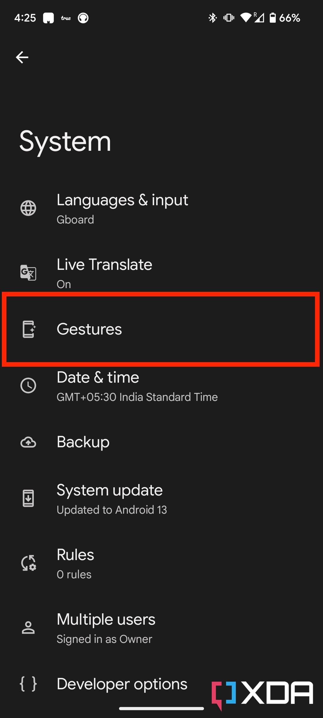 Gestures in System settings in Android 13