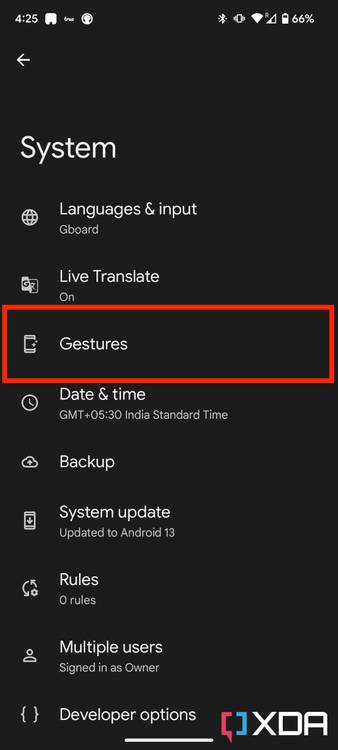 Gestures in System settings in Android 13