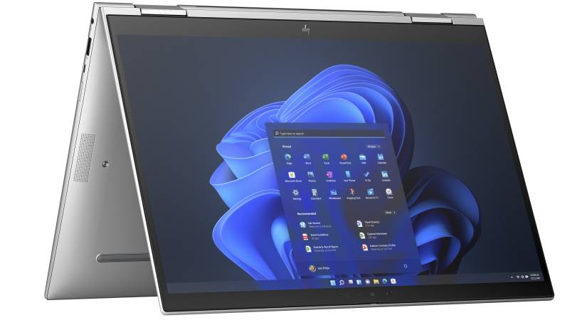 The HP Elite x360 1040 G10 laptop in tent mode displaying the Windows 11 desktop and Start menu