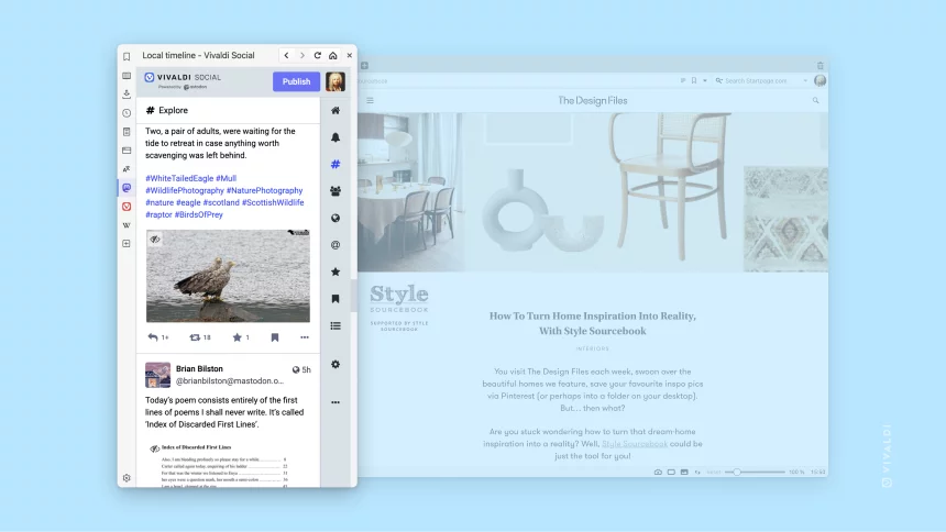 A screenshot of the desktop version of Vivaldi highlighting the Mastodon side panel
