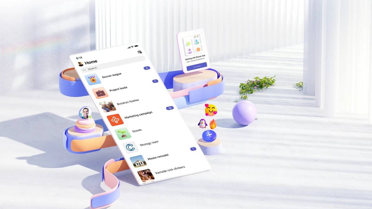 A graphic where a screenshot of the Microsoft Teams mobile app is shown, surrounded by various design elements