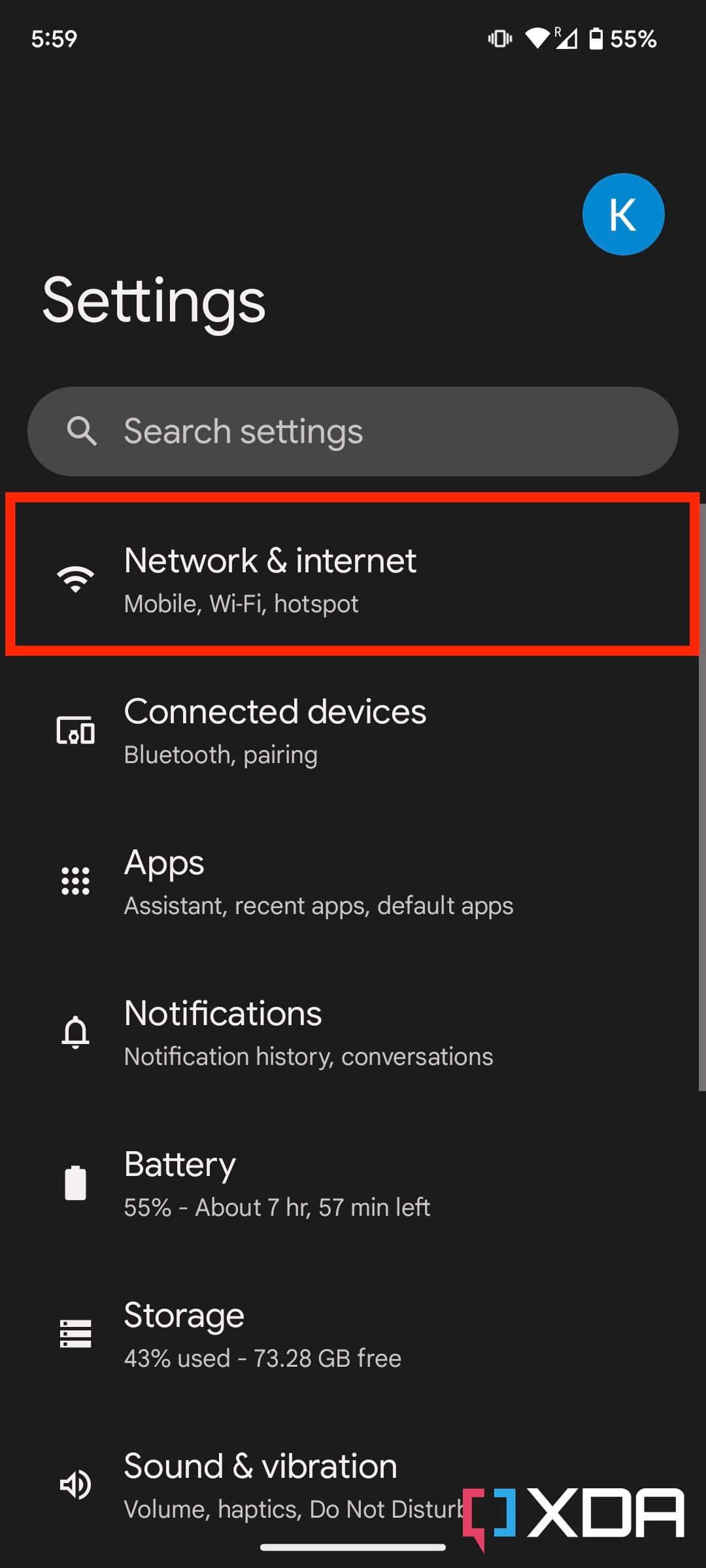 Netowrk and internet option in settings